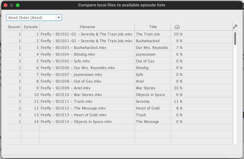 Compare files to episode groups